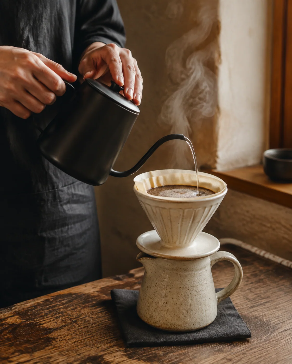 ハンドドリップで一杯ずつコーヒーを抽出する手元